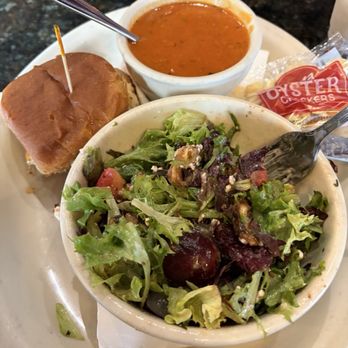 Seven Saints - Red pepper soup, honey Dijon slider, and goat cheese salad combo. - American Near Me - Champaign, Illinois