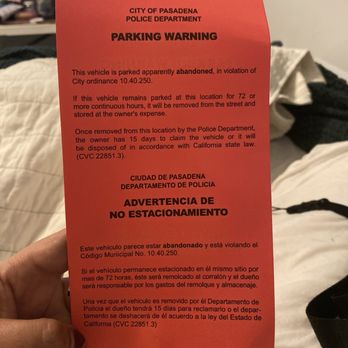 Pasadena Parking Office - The ticket I found on my car the first round with a story of my car allegedly being parked for 72 hours and abandoned. - Public Services & Government Near Me - Pasadena, California