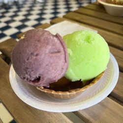 Carmen's Ice Cream Parlor - Berry banana and lime dairy free sorbet in a waffle cone.