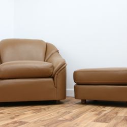 Leather Solution - AFTER: Leathercraft chair & ottoman completely upholstered in beautiful semi-aniline leather. Ready for home!