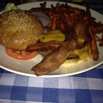 Ship Tavern - Buffalo burger with bacon and cheddar and sweet potato fries. - American Near Me - Denver, Colorado