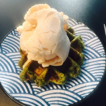 Enter The Cafe - Moffle matcha green tea with ginger ice cream - Coffee & Tea Near Me - San Francisco, California Enter The Cafe - Moffle matcha green tea with ginger ice cream - Coffee & Tea Near Me - San Francisco, California