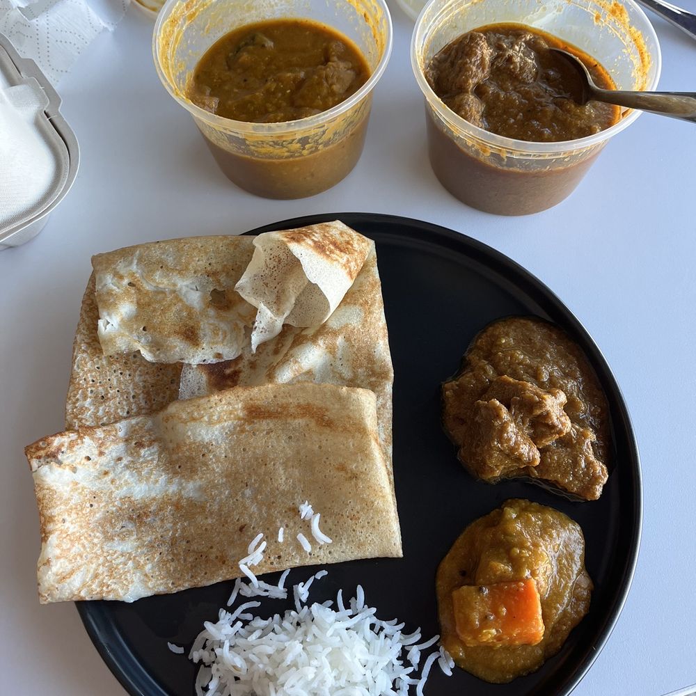 Butter Chicken - Lamb curry, dosa (crepe), and sambhar. All wonderful!! - Food Trucks Near Me