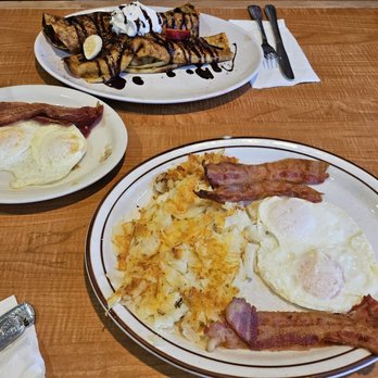 Stacks On Route 66 - Traditional eggs and bacon breakfast and fruit filled Nutella crepe - American Near Me - Glendora, California Stacks On Route 66 - Traditional eggs and bacon breakfast and fruit filled Nutella crepe - American Near Me - Glendora, California