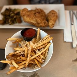 Angel Oak Restaurant - Two piece Buttermilk Fried Chicken. My camera focused in on the side of Parmesan truffle fries which were yummy.