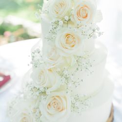 Ingrid Fraser - Cakes - 3 tier wedding cake with different flavors for each tier and cascading white flowers