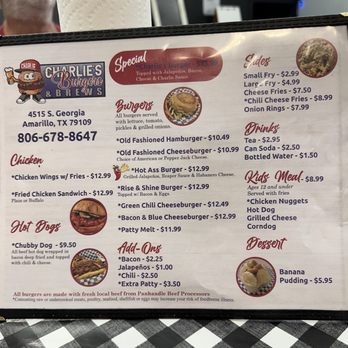 Charlie’s Burger’s & Brew’s - Menu - Burgers Near Me - Amarillo, Texas Charlie’s Burger’s & Brew’s - Menu - Burgers Near Me - Amarillo, Texas