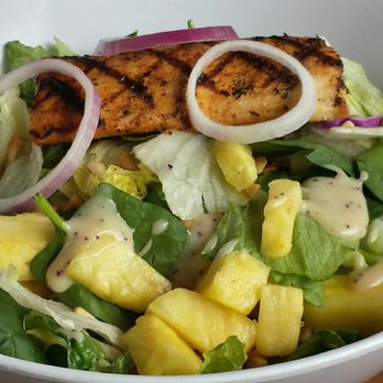 Pineapple Willy's - Salmon topped tropical salad. - Seafood Near Me - Panama City Beach, Florida Pineapple Willy's - Salmon topped tropical salad. - Seafood Near Me - Panama City Beach, Florida