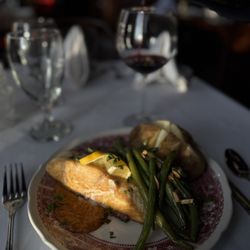 Centralia House Restaurant - Pan seared Halibut w Creole Sauce Piquant, green beans almondine, potato