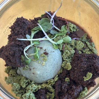 Terrain Cafe - Dessert with chocolate ganache, chocolate mousse and matcha crunch made to look like a terrarium - New American Near Me - Westport, Connecticut