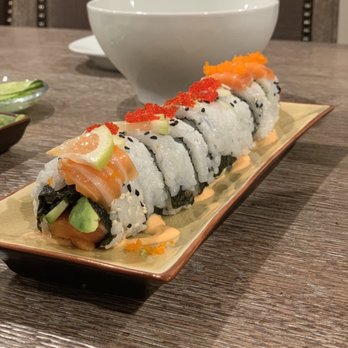 Fish King - Spicy Tuna inside salmon and masago on top - Seafood Markets Near Me - Glendale, California Fish King - Spicy Tuna inside salmon and masago on top - Seafood Markets Near Me - Glendale, California