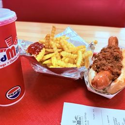 Chili dog with fries and fountain soda