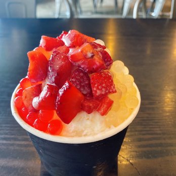 Dzert - lychee ice with condensed milk and strawberry+lychee popping boba with fresh strawberry - Coffee & Tea Near Me - Buena Park, California Dzert - lychee ice with condensed milk and strawberry+lychee popping boba with fresh strawberry - Coffee & Tea Near Me - Buena Park, California