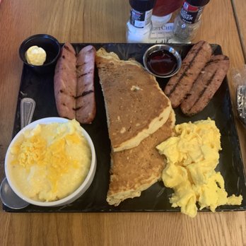 Black Walnut Café - Big Plate 2.0 with double chicken sausage, scrambled eggs, and cheese grits - Cafes Near Me - Katy, Texas Black Walnut Café - Big Plate 2.0 with double chicken sausage, scrambled eggs, and cheese grits - Cafes Near Me - Katy, Texas
