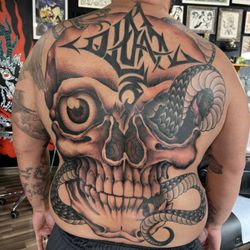 Evil Eye Tattoo - Drawn on skull and snake backpiece