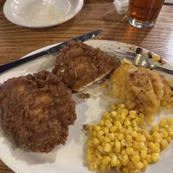 Cracker Barrel Old Country Store - Homestyle fried chicken breasts corn and hashbrown crusty casserole.