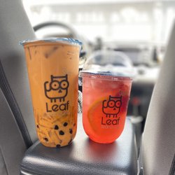 Leaf Teahouse - On the left is Thai Tea with Lychee Jelly and Boba! And on the right is Strawberry Sunset Refresher or Strawberry Sunset