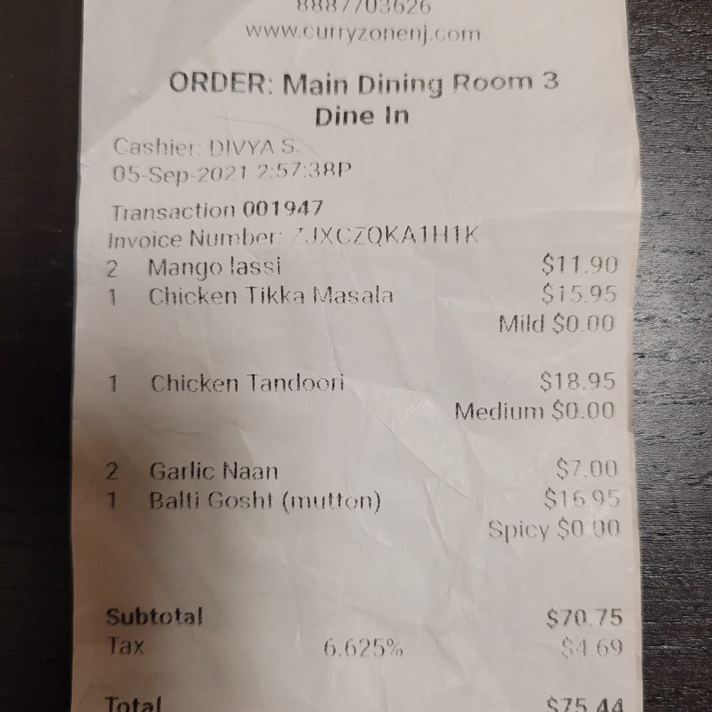 Curry Zone - Photo 3: Close up of receipt - Indian Near Me - Flemington, New Jersey