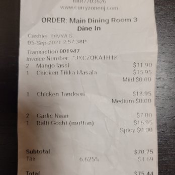 Curry Zone - Photo 3: Close up of receipt - Indian Near Me - Flemington, New Jersey Curry Zone - Photo 3: Close up of receipt - Indian Near Me - Flemington, New Jersey