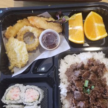 J Sushi Brea - #2 Bento Box with Beef, tempura, California roll pieces, salad & miso soup. - Japanese Near Me - Brea, California