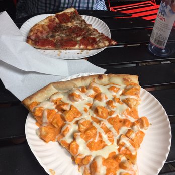 Justino's Pizzeria - Buffalo Chicken Pizza Slice, Pepperoni Sausage Slice - Pizza Near Me - New York, New York Justino's Pizzeria - Buffalo Chicken Pizza Slice, Pepperoni Sausage Slice - Pizza Near Me - New York, New York