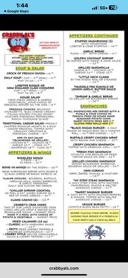Menu photo 1 Crabby Al's Thomaston, CT