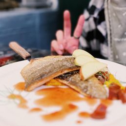 River Song ($24) - Seared Rainbow Trout, served with Winter Squash Puree, Spanish Dry Chorizo, Apple, Hibiscus Cider Reduction