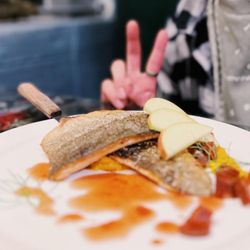 Leverett Lounge - River Song ($24) - Seared Rainbow Trout, served with Winter Squash Puree, Spanish Dry Chorizo, Apple, Hibiscus Cider Reduction