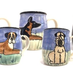 ArtQuest Gallery - Hand painted ceramic mugs are great gifts for pet lovers. Images of dogs and cats; fully functional, microwave and dishwasher safe.
