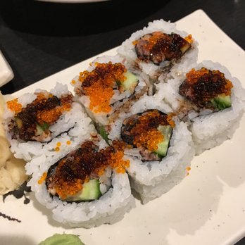 Sen Dai Sushi - Salmon Skin roll - cucumber, green onion, salmon skin, tobiko, unagi sauce - Japanese Near Me - Milpitas, California Sen Dai Sushi - Salmon Skin roll - cucumber, green onion, salmon skin, tobiko, unagi sauce - Japanese Near Me - Milpitas, California