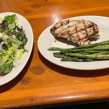 Black Angus Steakhouse - L green salad, R grilled chicken (so delish) with grilled asparagus (lightly buttered!) - Steakhouses Near Me - Torrance, California Black Angus Steakhouse - L green salad, R grilled chicken (so delish) with grilled asparagus (lightly buttered!) - Steakhouses Near Me - Torrance, California