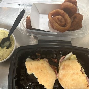 The Thumb - Cuban sando with side of rings and tater salad. 3/5 a little dry - Barbeque Near Me - Scottsdale, Arizona The Thumb - Cuban sando with side of rings and tater salad. 3/5 a little dry - Barbeque Near Me - Scottsdale, Arizona