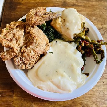 Nan's Kitchen  - Plate at home made from takeout items (fried chicken, kale, mashed potatoes, green beans, gravy) - Beer, Wine & Spirits Near Me - Stow, Massachusetts