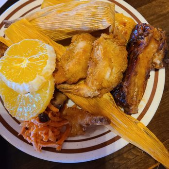 Hacienda Vallarta - Tamales, BBQ rib, baked chicken leg, fried shrimp, carrot salad & orange slices - Mexican Near Me - San Antonio, Texas Hacienda Vallarta - Tamales, BBQ rib, baked chicken leg, fried shrimp, carrot salad & orange slices - Mexican Near Me - San Antonio, Texas