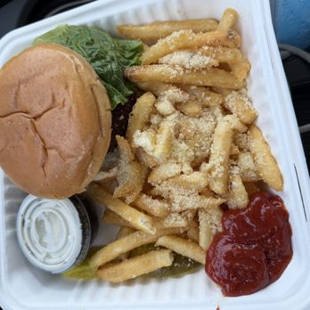 Hops Burger Bar - Crabby Patty Sandwich & Truffle Oil and Parmesan Fries with ketchup & Ranch - Burgers Near Me - Greensboro, North Carolina Hops Burger Bar - Crabby Patty Sandwich & Truffle Oil and Parmesan Fries with ketchup & Ranch - Burgers Near Me - Greensboro, North Carolina