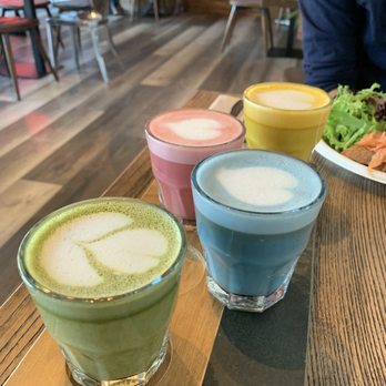 Foreigner - Latte Flight (Top: Golden Tumeric, Ruby Beets, Blue Spirulina, Bottom: Emerald Matchai) - Breakfast & Brunch Near Me - San Mateo, California Foreigner - Latte Flight (Top: Golden Tumeric, Ruby Beets, Blue Spirulina, Bottom: Emerald Matchai) - Breakfast & Brunch Near Me - San Mateo, California
