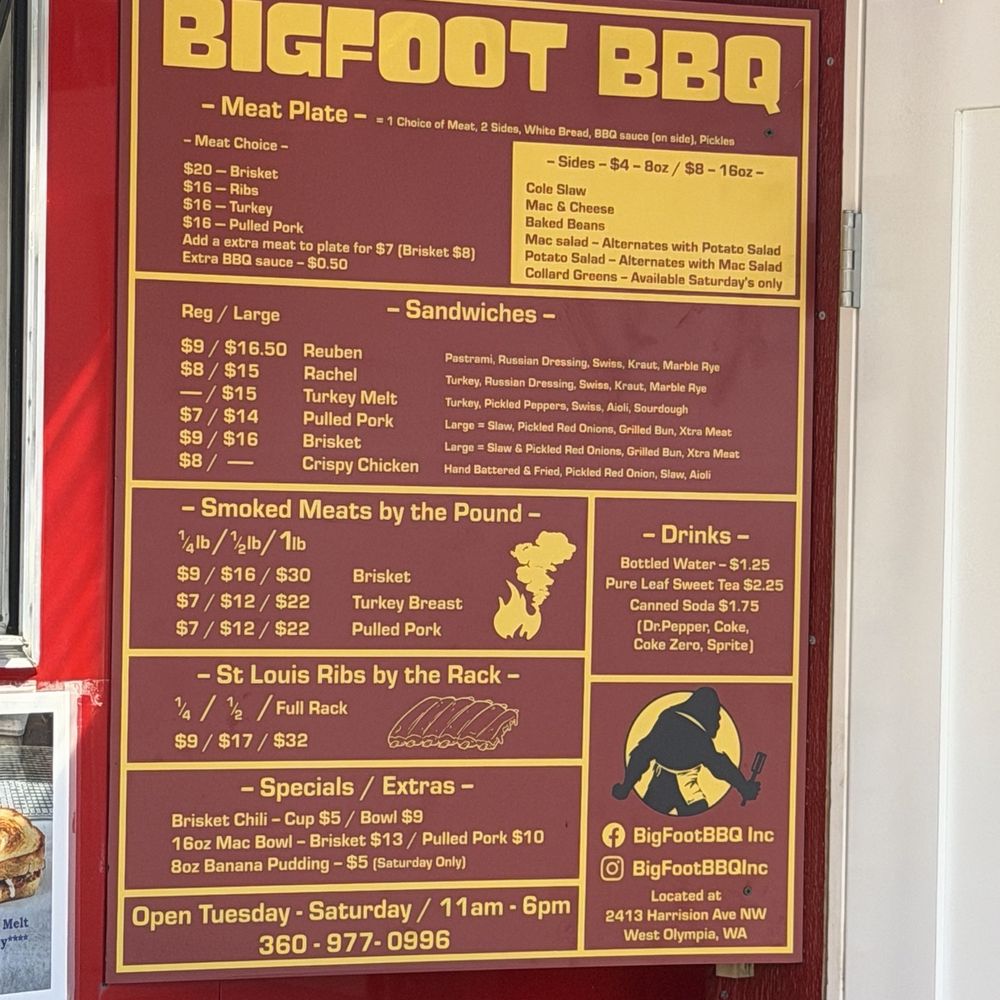 Bigfoot BBQ - Menu - Barbeque Near Me - Olympia, Washington Bigfoot BBQ - Menu - Barbeque Near Me - Olympia, Washington