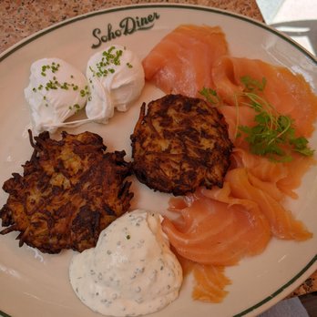 Soho Diner - Potato latkes w salmon -- plain overall - Diners Near Me - New York, New York Soho Diner - Potato latkes w salmon -- plain overall - Diners Near Me - New York, New York