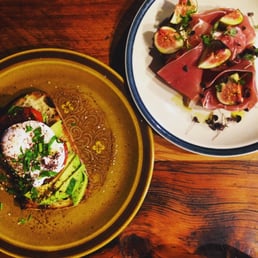 Avocado, tomato and poached egg on toast + fig, prosciutto and mascarpone on toast Avocado, tomato and poached egg on toast + fig, prosciutto and mascarpone on toast