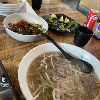 Soup Shop - Pho Brisket and to the left Pho Pairing with Shaken Fillet Mignon - Vietnamese Near Me - South Gate, California Soup Shop - Pho Brisket and to the left Pho Pairing with Shaken Fillet Mignon - Vietnamese Near Me - South Gate, California
