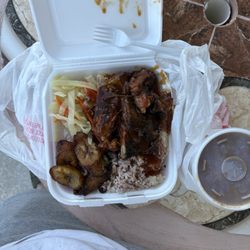 Max & Me - Jerk Ribs, Plantains, Rice and idk the other thing.  In the cup is Red Pea Soup