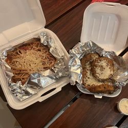 Frankie's Spaghetti House - Pasta bolognese (left) and fried eggplant sticks (right)