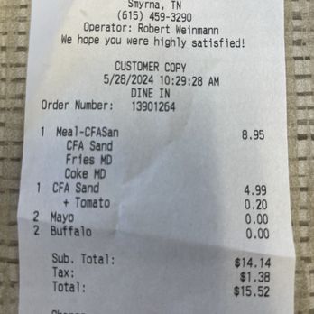 Chick-fil-A - Receipt - Fast Food Near Me - Smyrna, Tennessee Chick-fil-A - Receipt - Fast Food Near Me - Smyrna, Tennessee