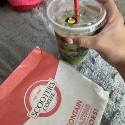 Breakfast bagel with matcha smoothie