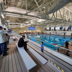 Half sized indoor Olympic pool. 4 1/2 feet to 12 foot depth.