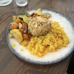ROASTED CRAB CAKE Yellow rice Summer Squash & Zucchini Garlic Tomatoes