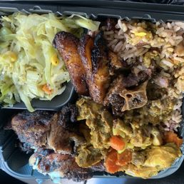 Cabbage, plantain, curry chicken, jerk chicken and curry chicken!