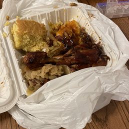 Bbq chicken, candied yams, southern cabbage, corn bread Bbq chicken, candied yams, southern cabbage, corn bread