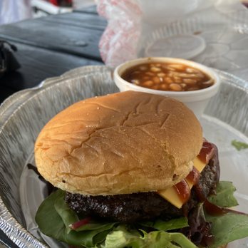 BobaQue - Grilled burger with a side - baked beans - Barbeque Near Me - Saint Charles, Missouri