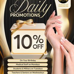 Milano Nail Spa - DAILY PROMOTIONS YOU'LL LOVE!
10% OFF:
On your birthday
Medical staff - Mondays